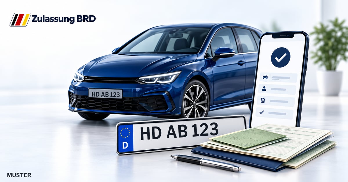 Online Fahrzeugzulassung in St. Leon-Rot: Musterkennzeichen HD AB 123, Auto und Fahrzeugpapiere und Smartphone. Illustration mit Logo von Zulassung BRD.